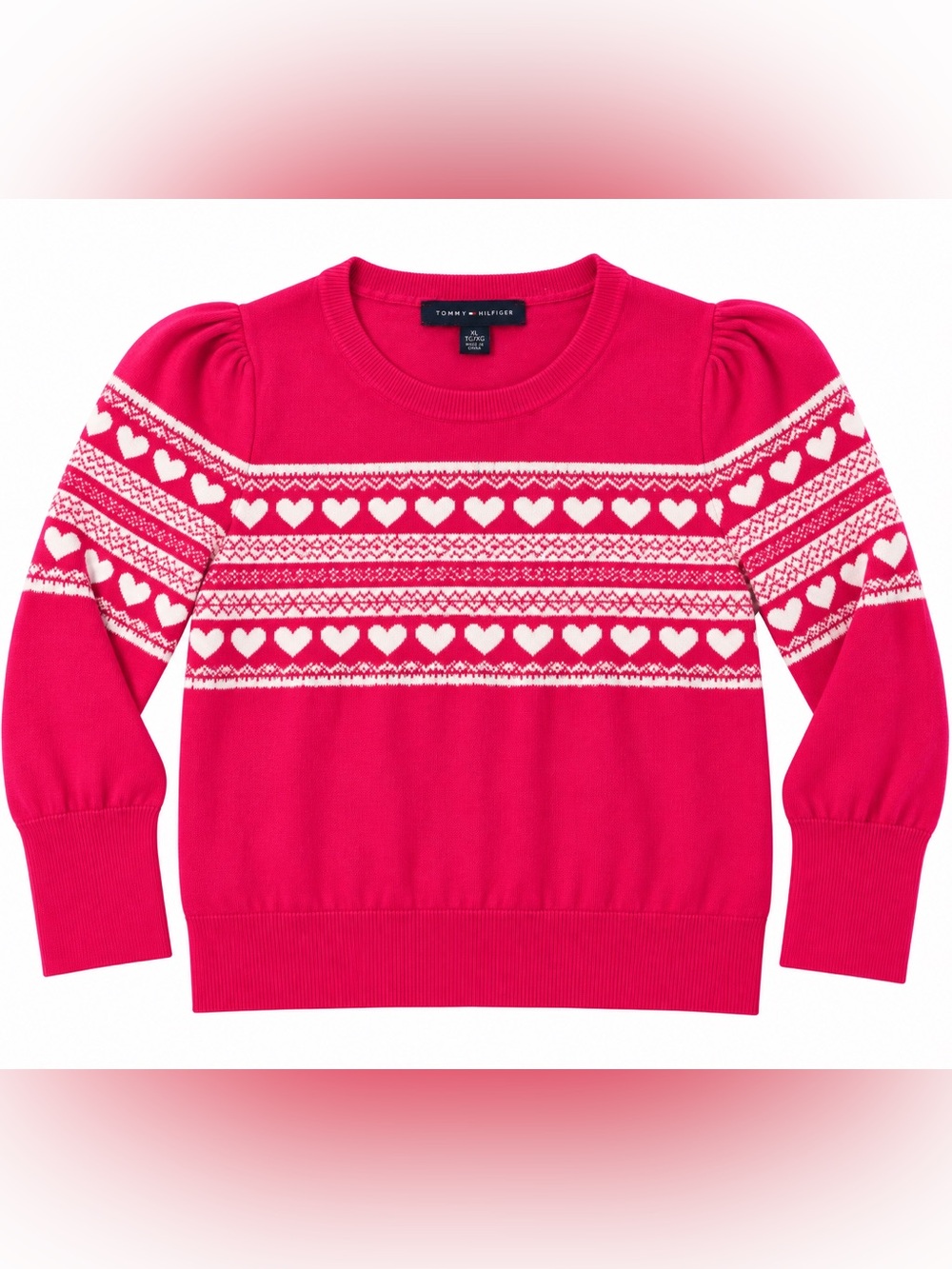 Women’s Tommy Hilfiger Bright Pink Heart Fair Isle Crewneck Sweater size XL